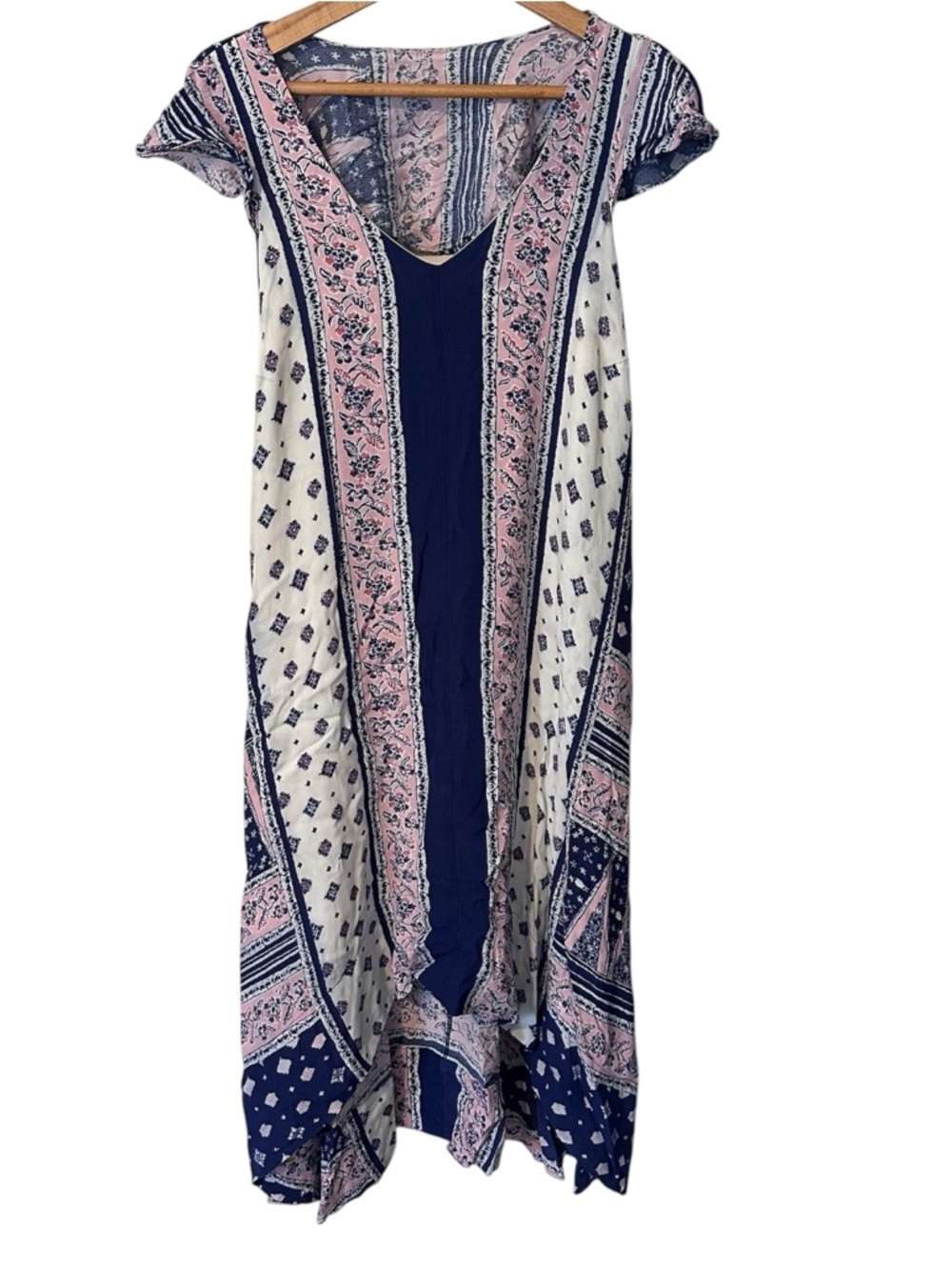Anthropologie Maeve Bohemian Patchwork Swing Dress Small V-Neck High-Low Midi